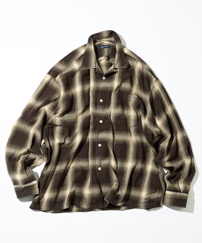 NAUTICA 漂白暈染 長袖 開領格紋襯衫