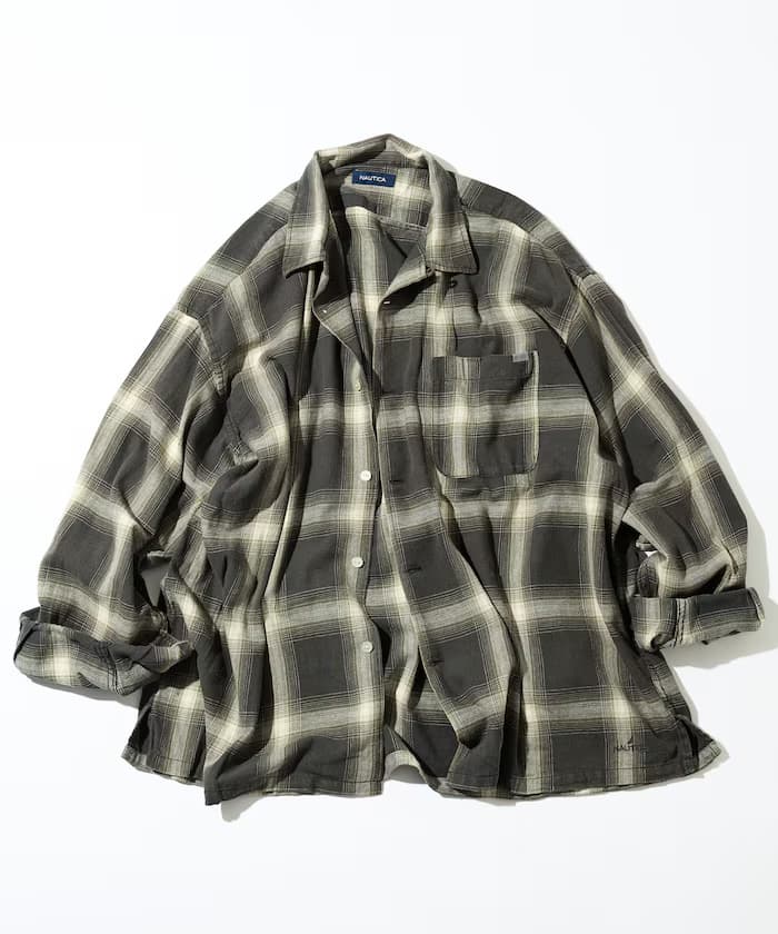 NAUTICA 漂白暈染 長袖 開領格紋襯衫