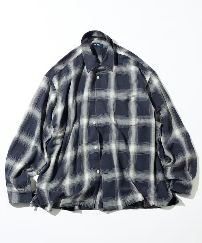 NAUTICA 漂白暈染 長袖 開領格紋襯衫