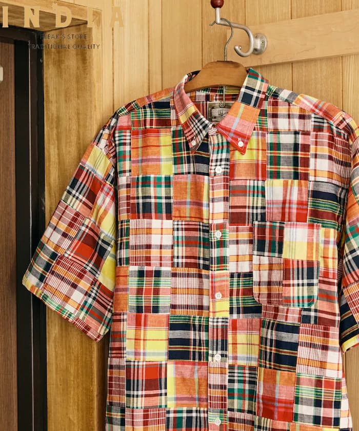 印度製 寬鬆版馬德拉斯格紋拼布鈕扣襯衫 短袖