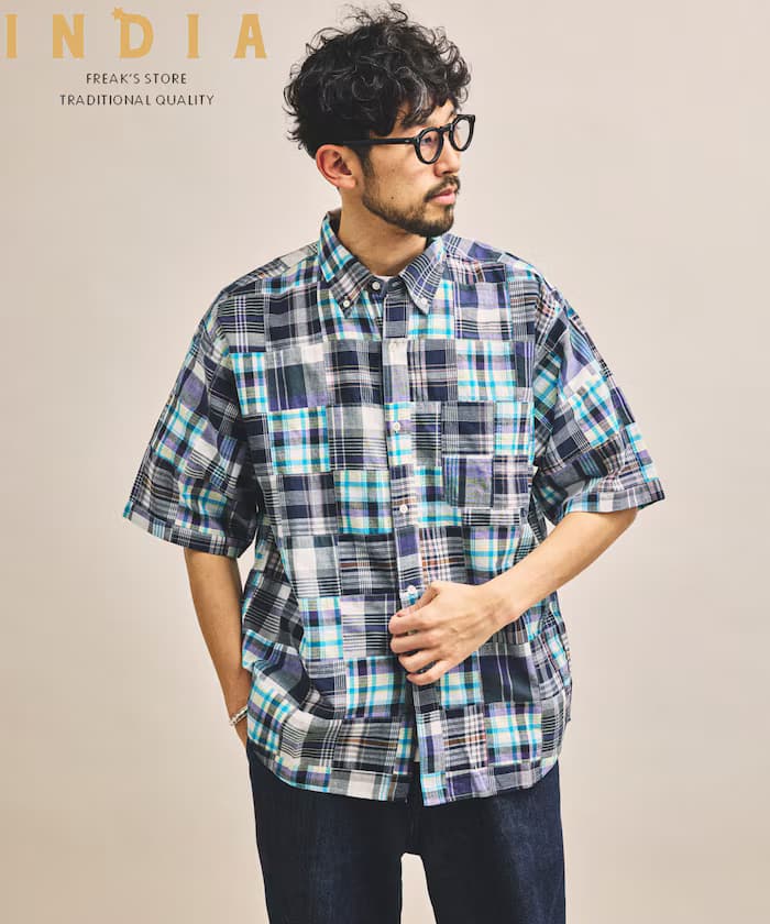 印度製 寬鬆版馬德拉斯格紋拼布鈕扣襯衫 短袖