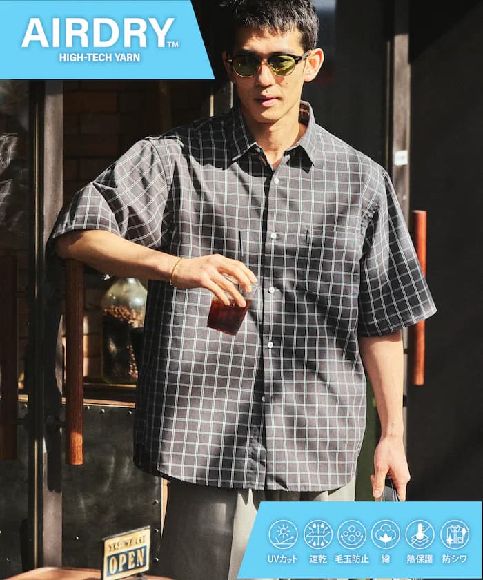 AIRDRY HIGH TECHYARN 高機能素材 廣幅布短版袖規則領襯衫 吸水速乾