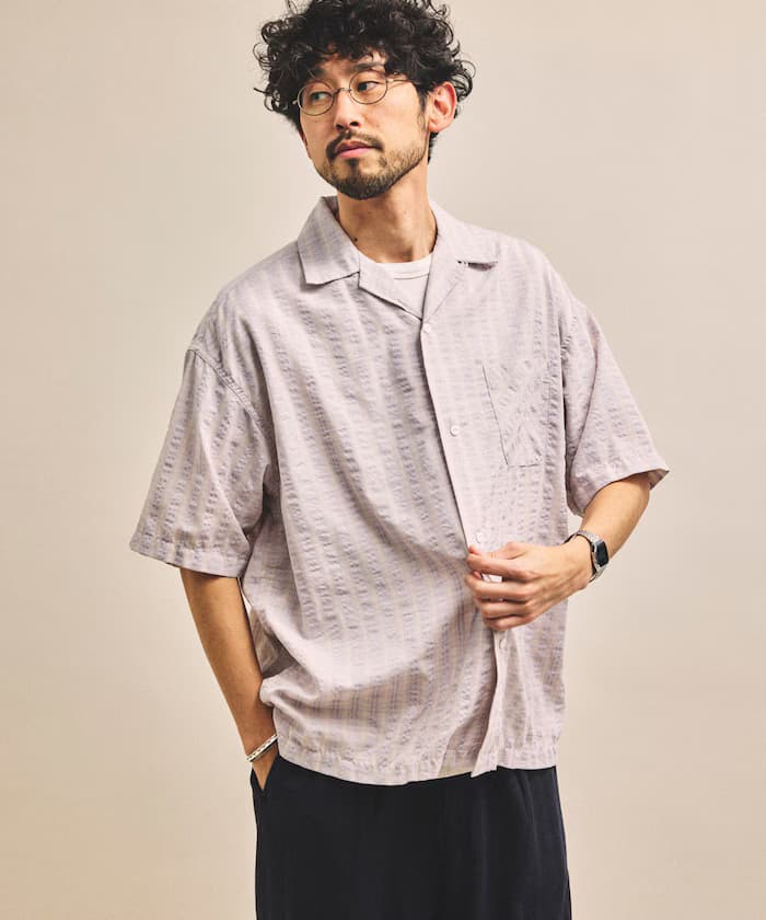 別注 シアサッカー オープンカラー 短版スリーブ 格紋襯衫