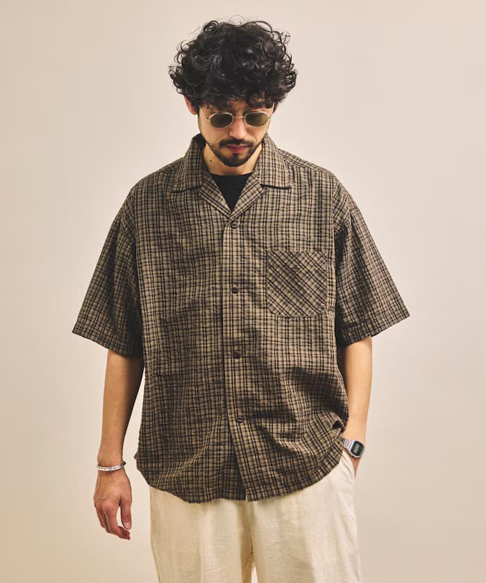 別注 シアサッカー オープンカラー 短版スリーブ 格紋襯衫