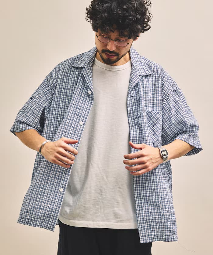 別注 シアサッカー オープンカラー 短版スリーブ 格紋襯衫