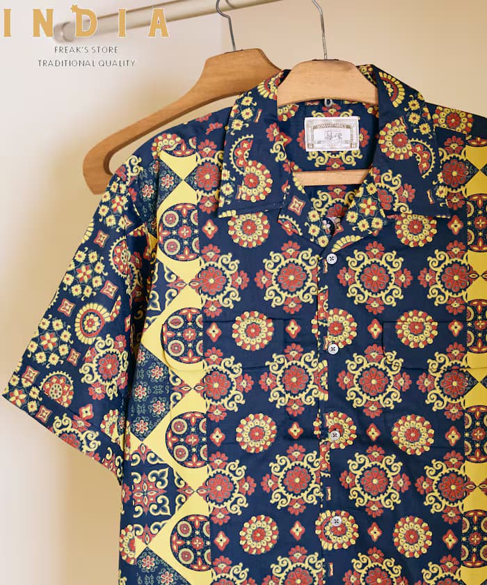 【新色追加】印度製 寬鬆版型 蠟染印花 開襟襯衫 短袖 小紋圖案