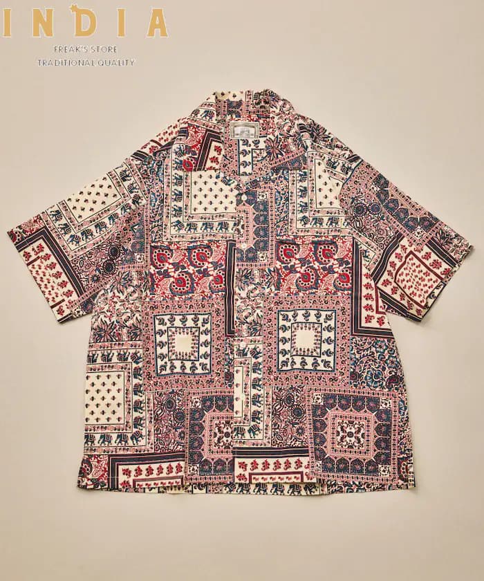印度製 寬鬆版變形蟲紋圖案印花 開領襯衫 短袖 bandana圖案