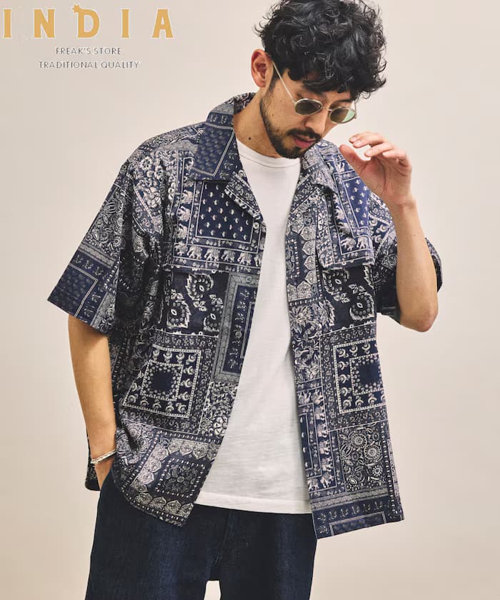 印度製 寬鬆版變形蟲紋圖案印花 開領襯衫 短袖 bandana圖案