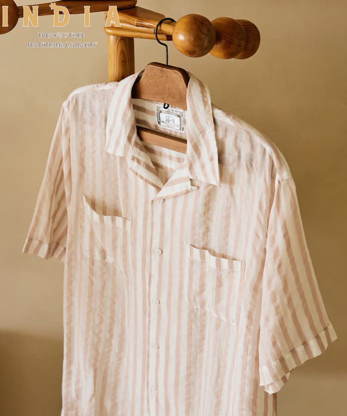 印度製 鬆緩寬版 條紋 泡泡紗 開領襯衫 短袖