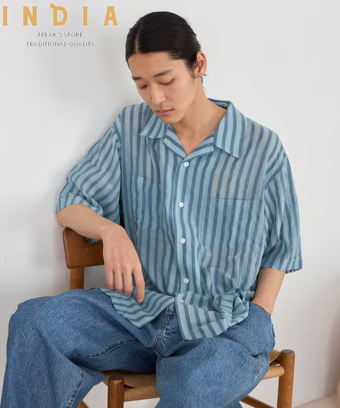 印度製 鬆緩寬版 條紋 泡泡紗 開領襯衫 短袖