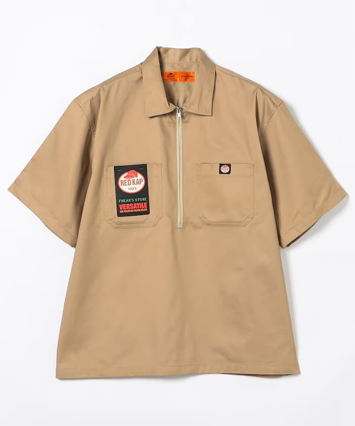 新色追加 別注寬鬆半拉鏈單點品牌LOGO半袖粗棉布工作襯衫