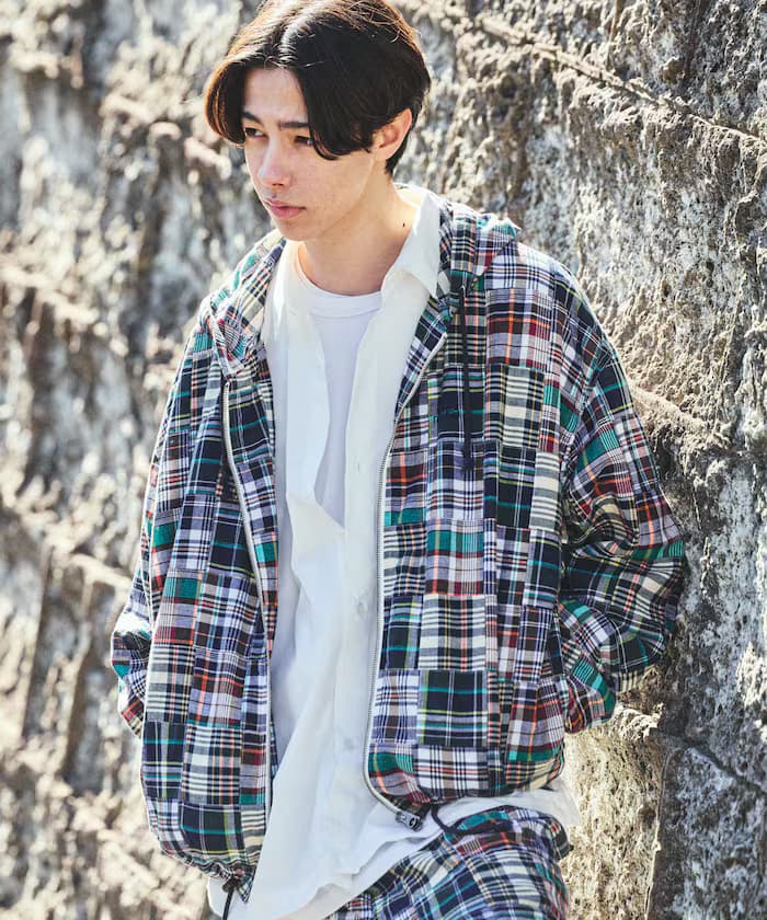 寬版拼布馬德拉斯格紋拉鍊海軍連帽衫