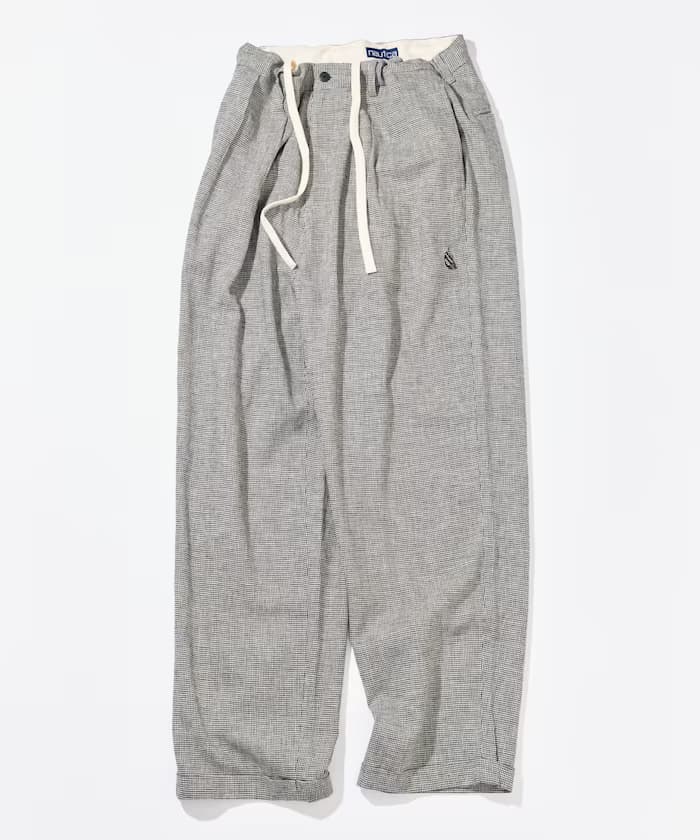 亞麻混 雙打褶鬆緊褲子