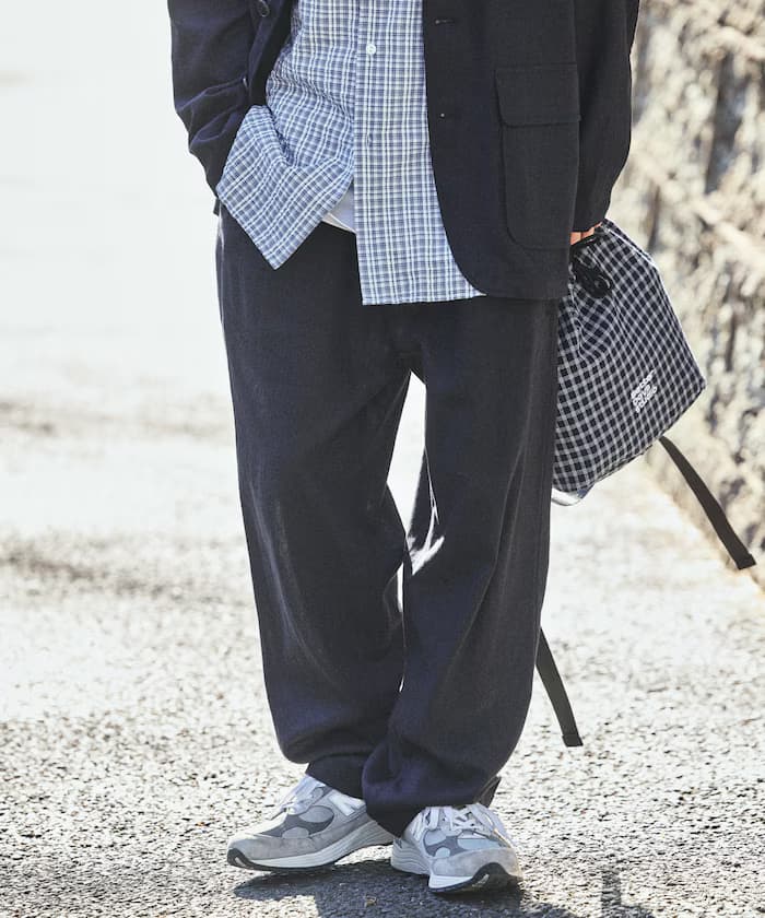 亞麻混 雙打褶鬆緊褲子