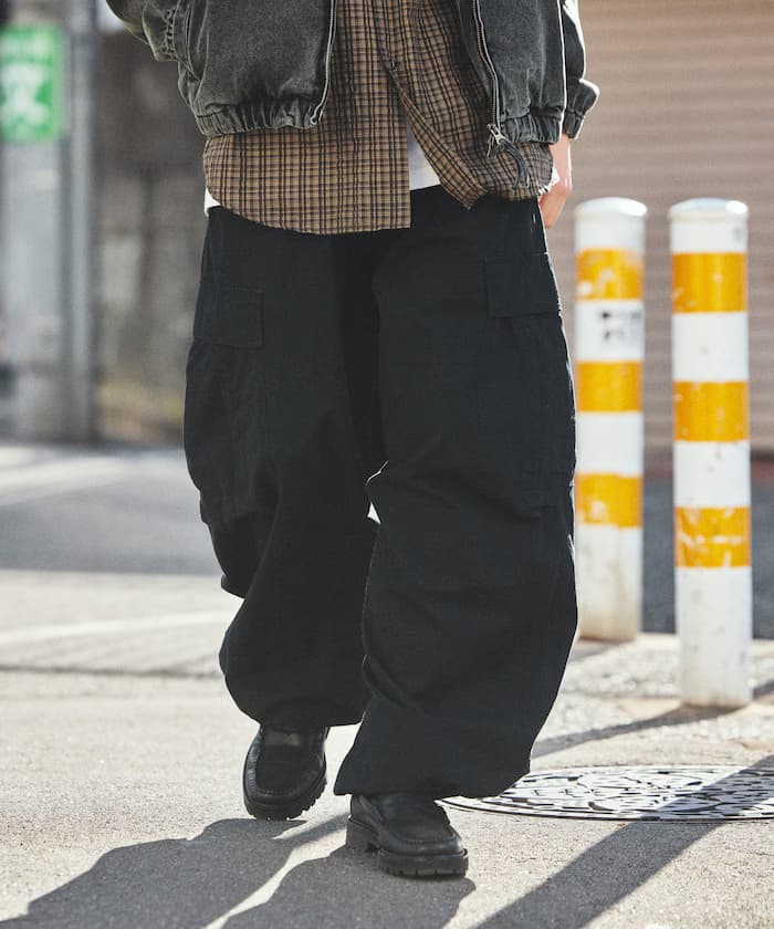 曲線廓形防撕裂布迷彩圖案工裝褲子