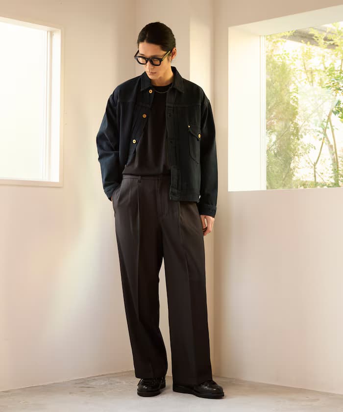 寬版直筒打褶斜紋褲子