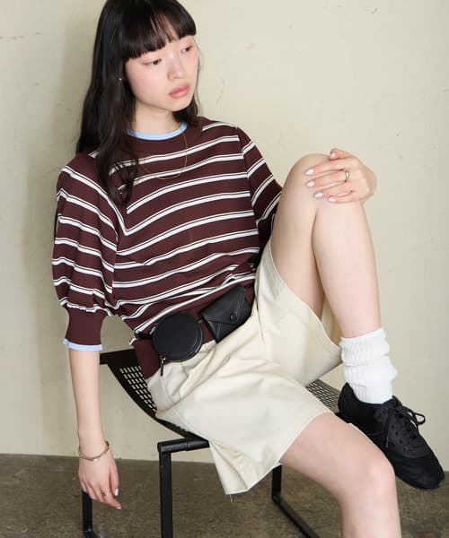 【forksy.】日常系列 配色 澎袖 短袖 透視針織衫 接觸涼感・抗UV