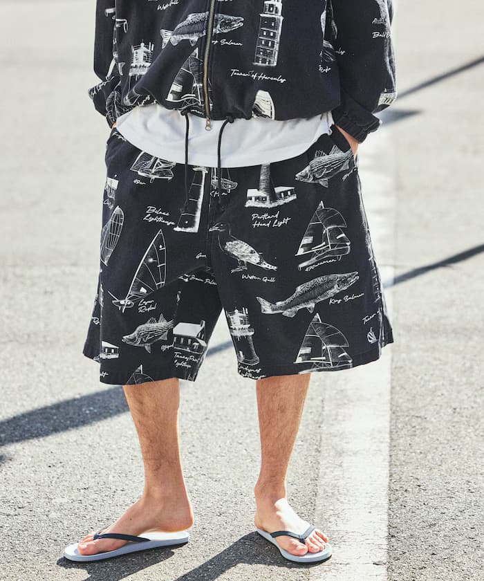 OCEAN總圖案粗棉布雙打褶鬆緊短褲