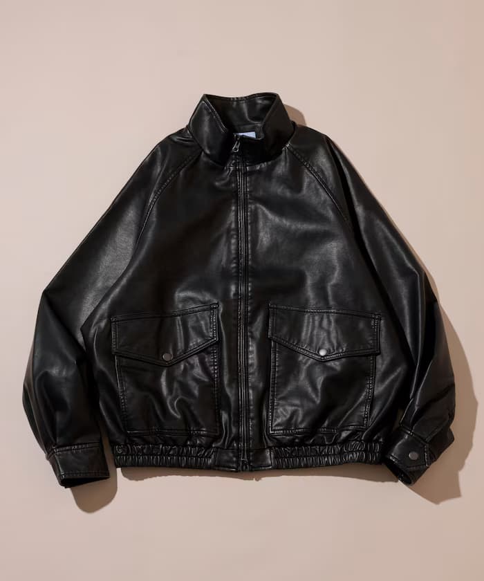 洗舊加工紅棕合成皮革高領拉鏈短版夾克