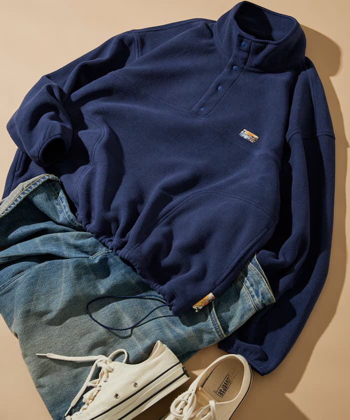 寬版刷毛單點LOGO스냅鈕扣束繩套頭衫