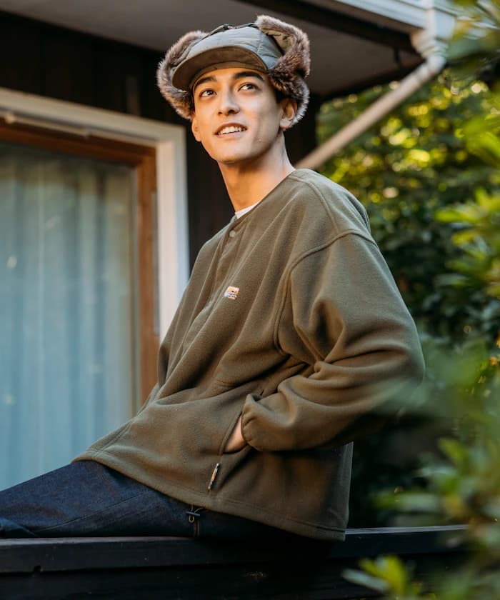 寬版刷毛束繩開衫 單一標誌 防風扣