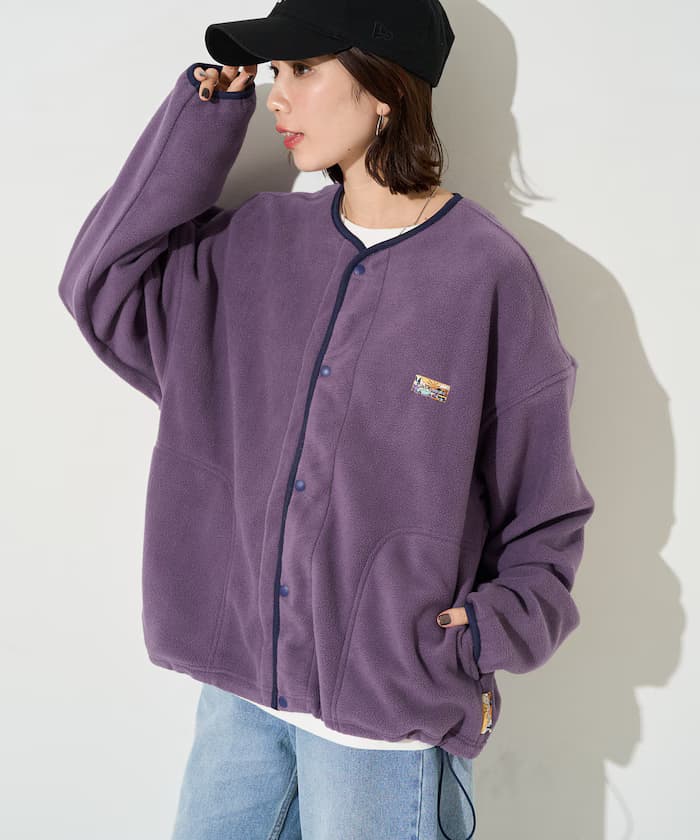 寬版刷毛束繩開衫 單一標誌 防風扣