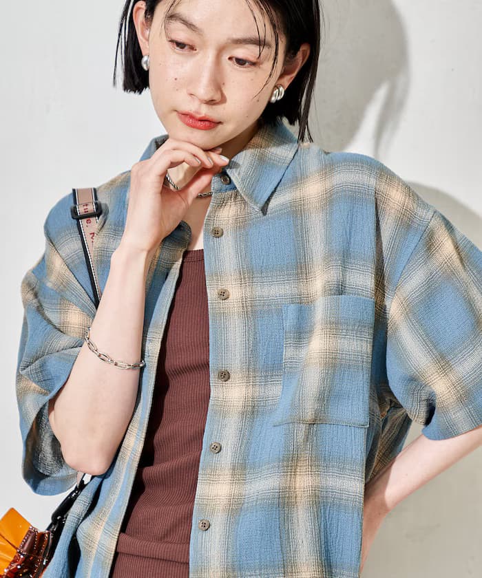 卡拉米棉質格紋半袖襯衫＜套裝對應＞