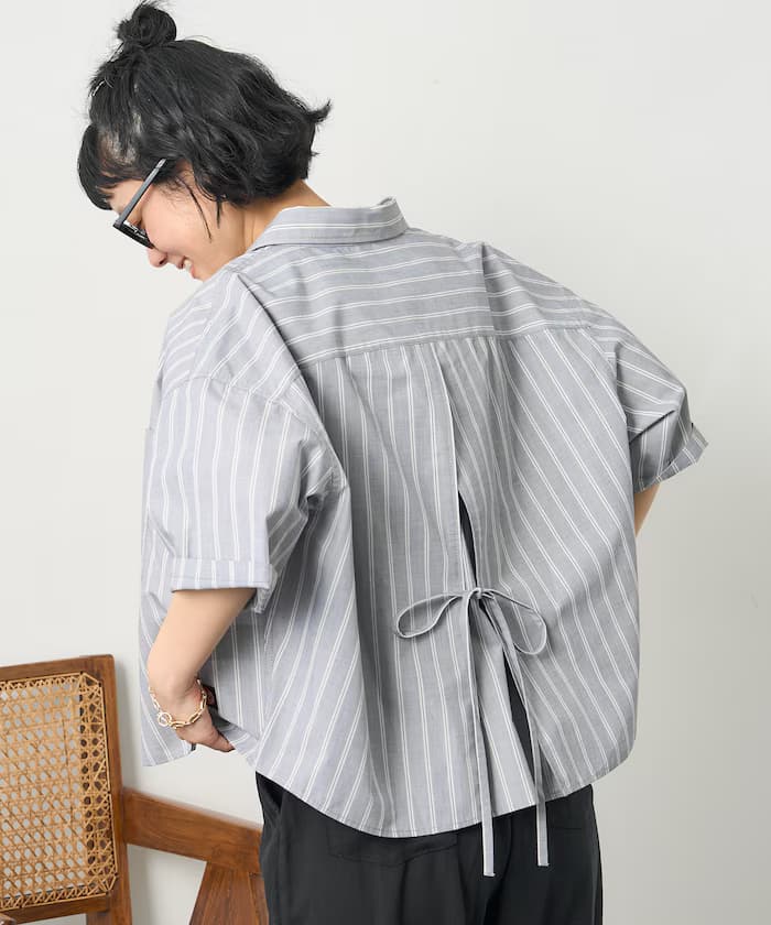 別注 條紋後背蝴蝶結半袖襯衫