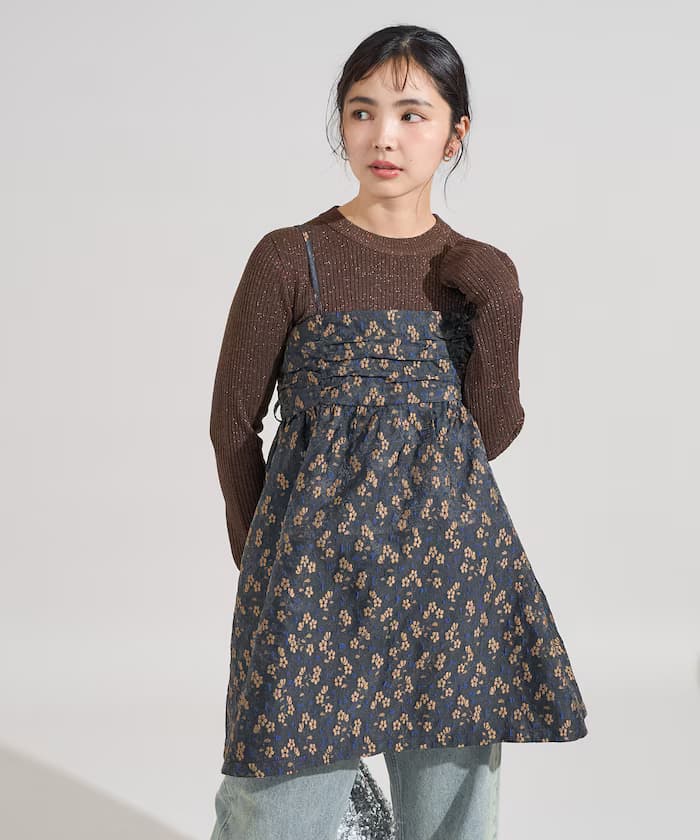 克羅謝花卉提花後蝴蝶結細肩帶迷你洋裝＜可組成套裝＞