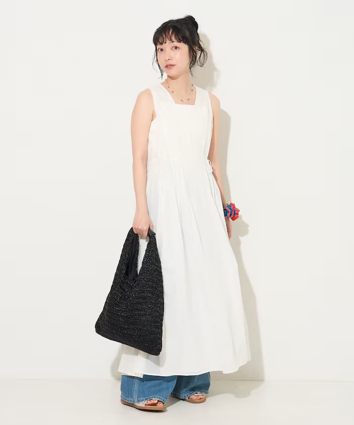 印度風棉布 裹身 同色刺繡 無袖連身裙