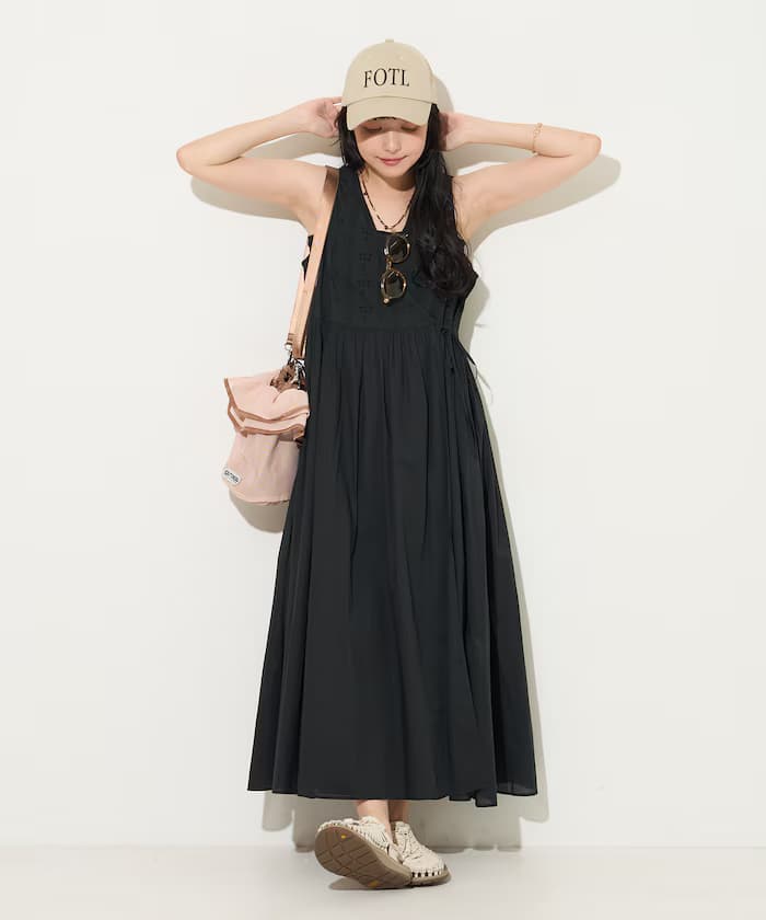 印度風棉布 裹身 同色刺繡 無袖連身裙