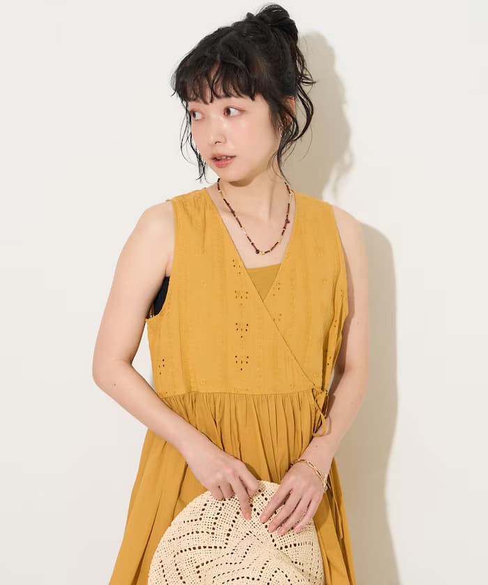 印度風棉布 裹身 同色刺繡 無袖連身裙