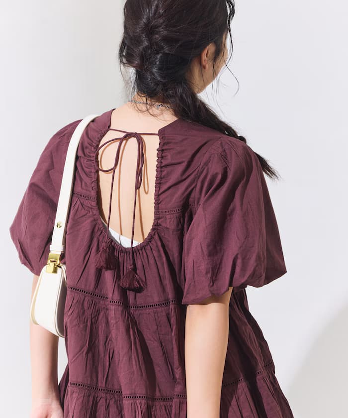 印度棉紡布露背層次迷你連身裙