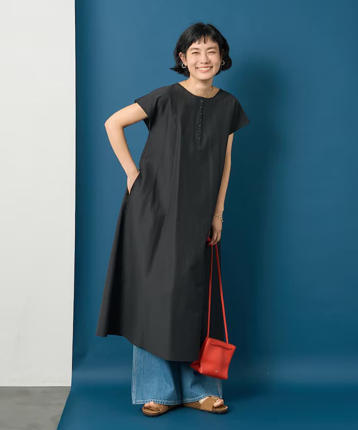 接觸冷感/UVカット 亨利領喇叭連身裙