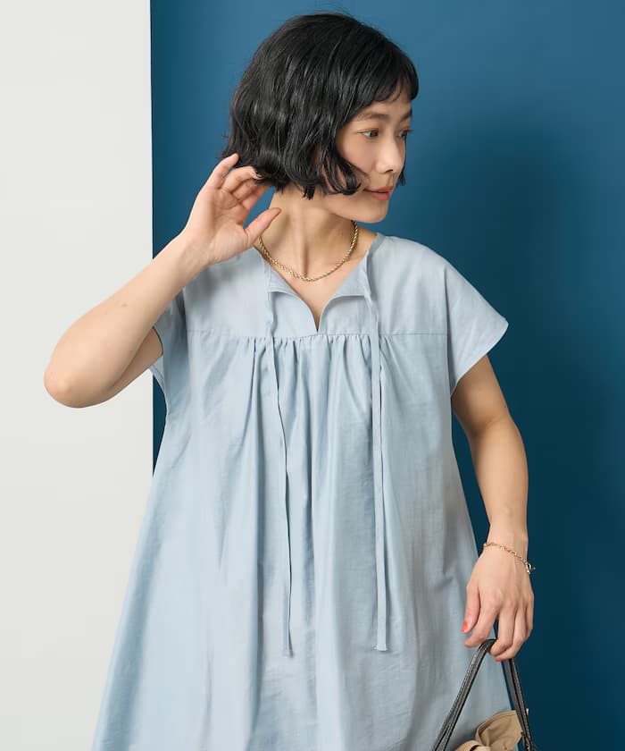 接觸冷感/UVカット 亨利領喇叭連身裙