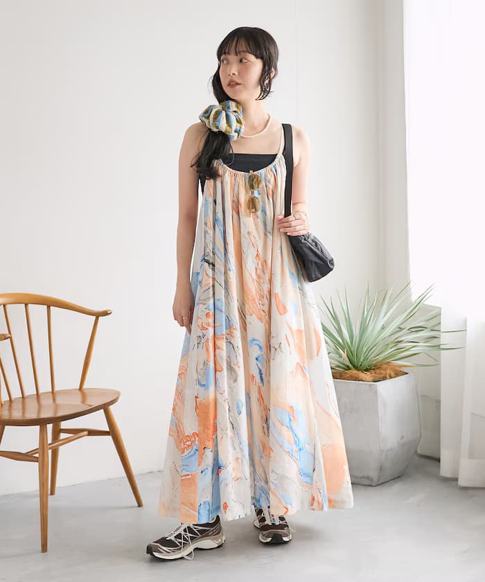 印度大理石紋印花細肩帶連身裙