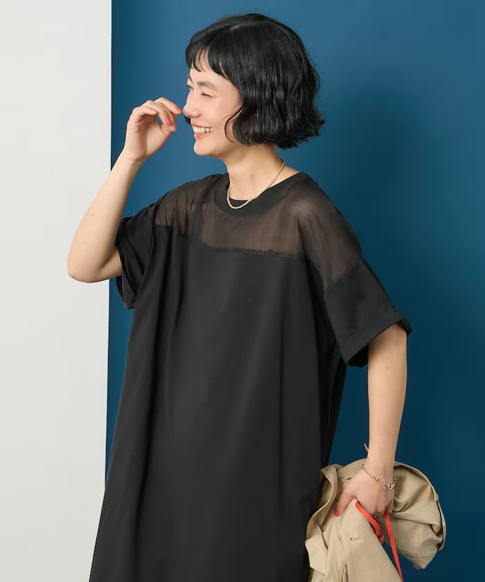 雪紡拼接剪裁T恤連身裙