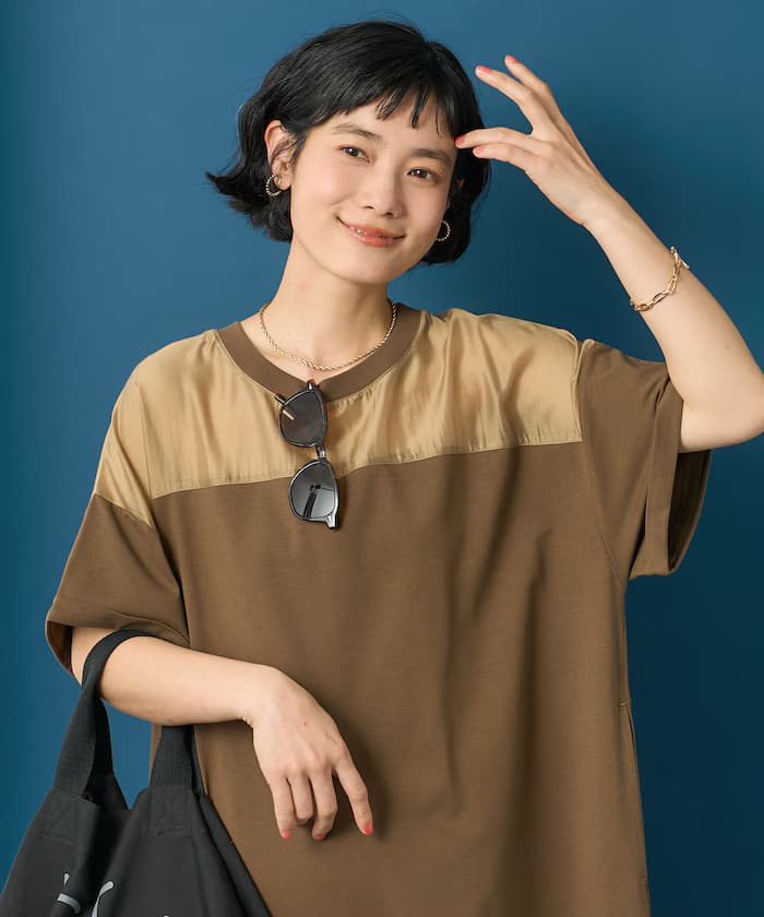 雪紡拼接剪裁T恤連身裙