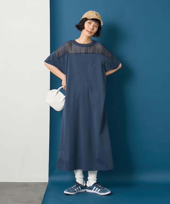 雪紡拼接剪裁T恤連身裙