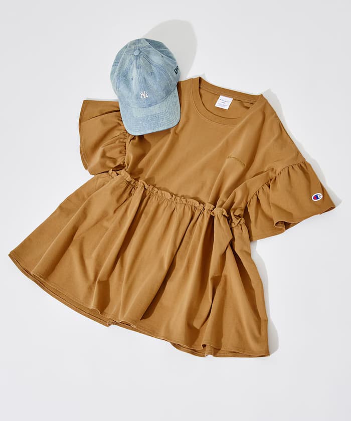 別注切替皺褶袖喇叭T恤