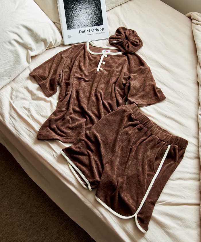 別注拼色毛圈布居家服3件套附髮圈