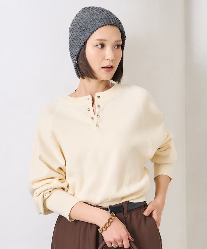 ＜新色追加＞短版快扣拉格蘭亨利領針織衫