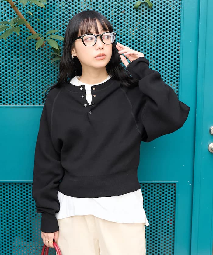 ＜新色追加＞短版快扣拉格蘭亨利領針織衫