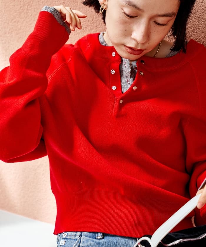 ＜新色追加＞短版快扣拉格蘭亨利領針織衫