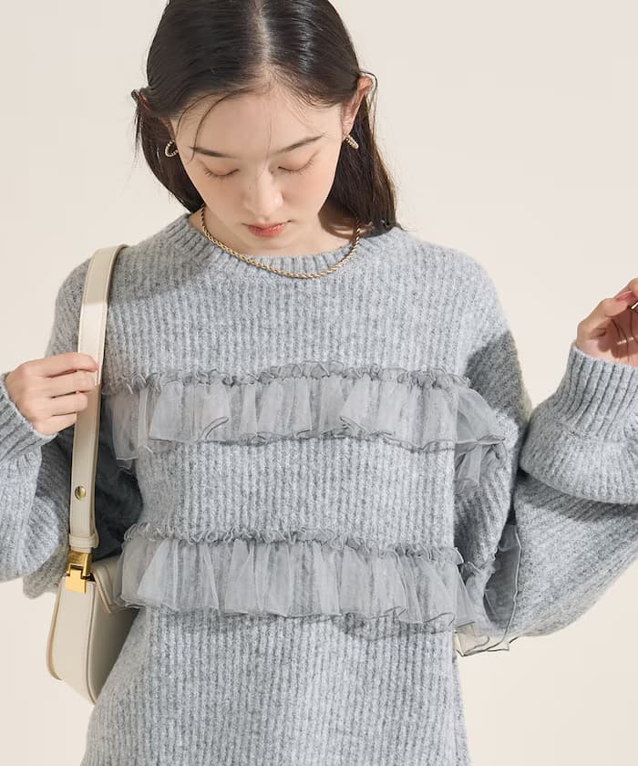 荷葉邊蕾絲拼接針織套頭衫