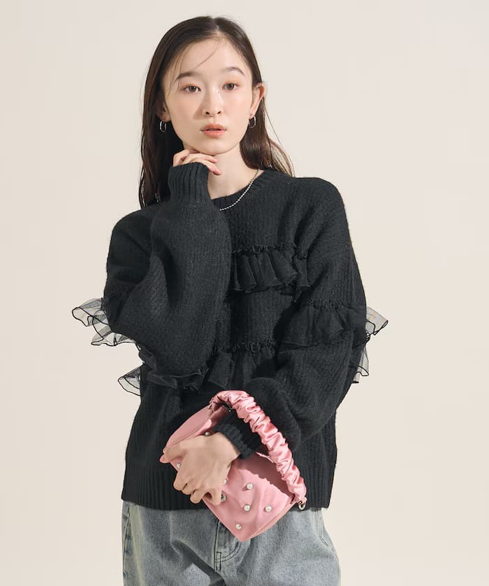 荷葉邊蕾絲拼接針織套頭衫