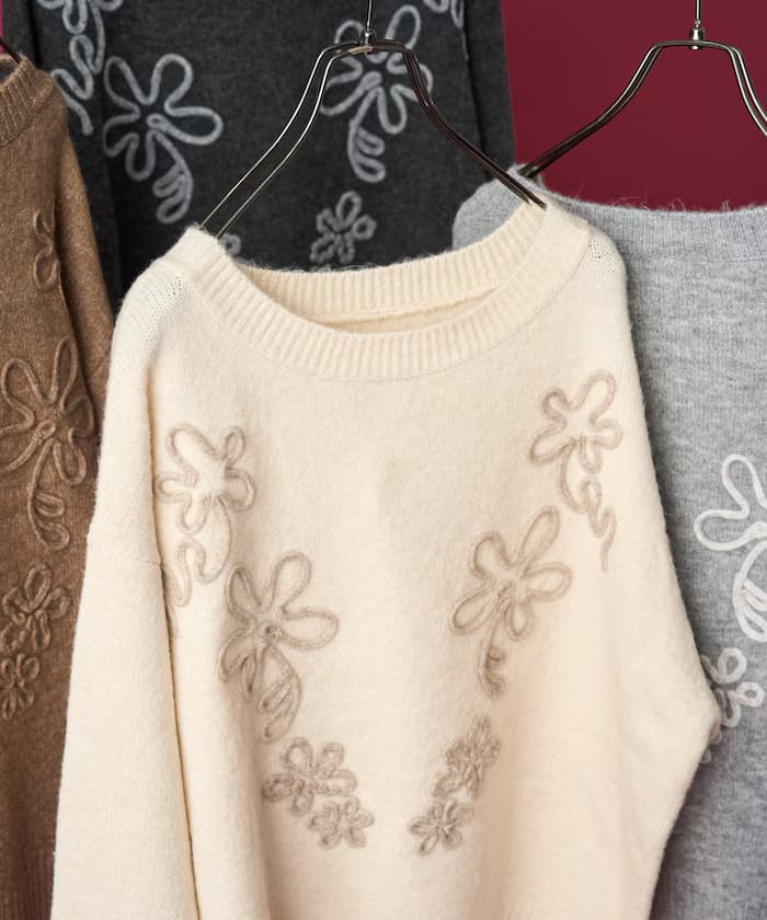 配色花卉繡線針織套頭衫