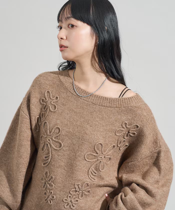 配色花卉繡線針織套頭衫