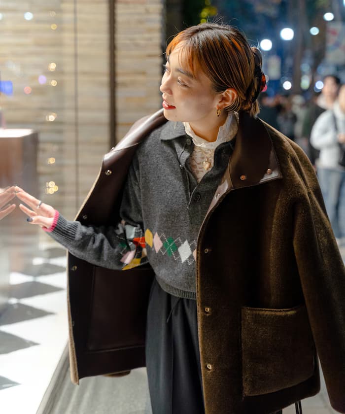 配色迷你菱格紋馬球針織衫