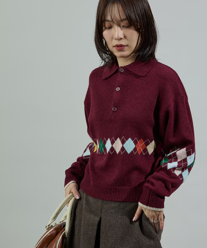 配色迷你菱格紋馬球針織衫